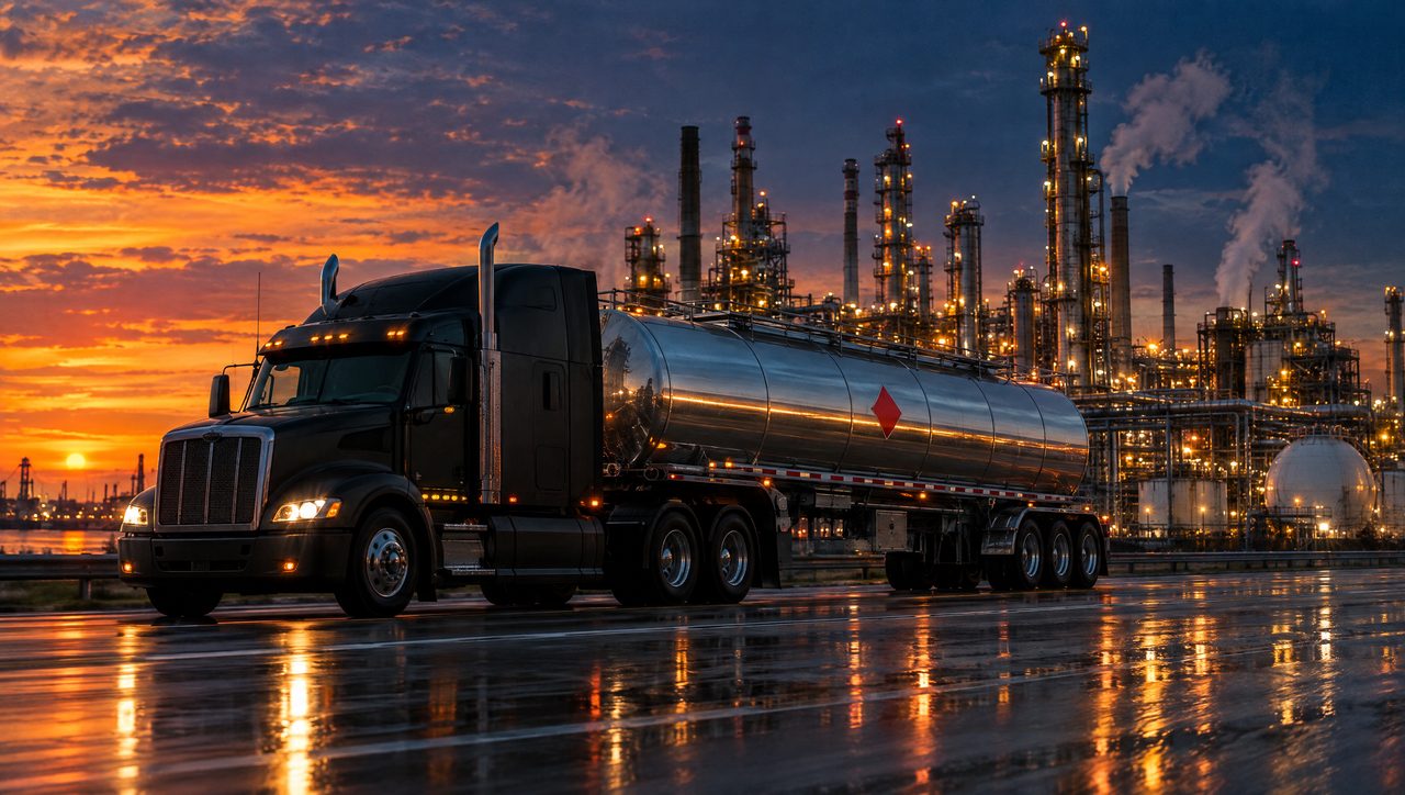 Stainless chemical tanker truck passing a Gulf Coast refinery at dusk