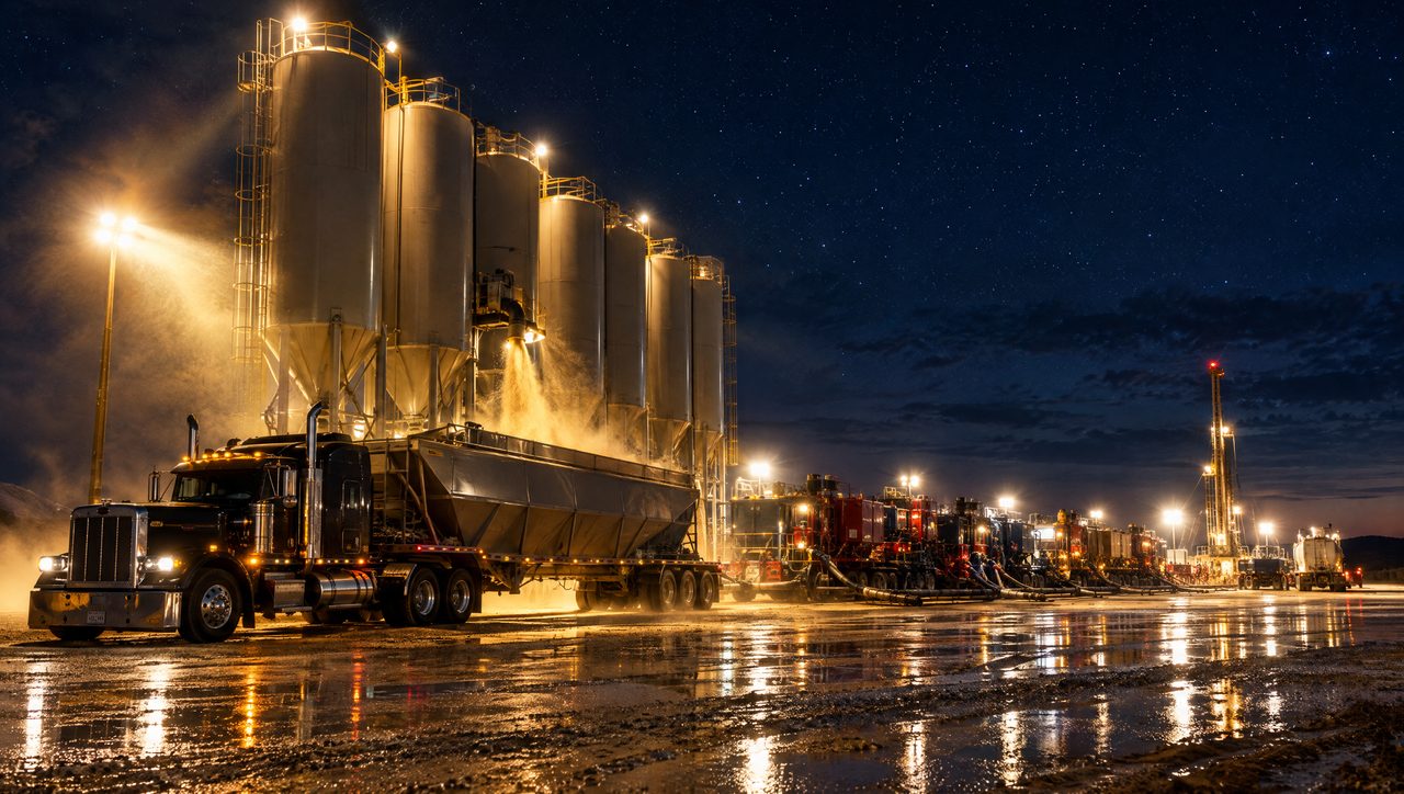 Frac sand truck unloading at wellsite silos at night
