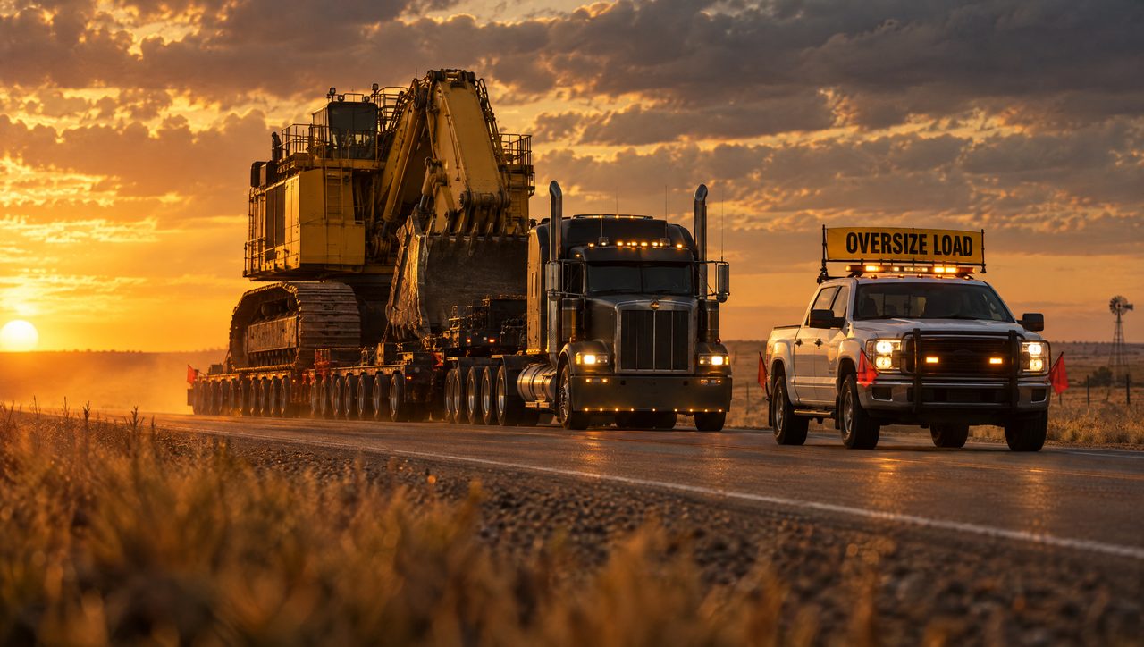 Lowboy trailer hauling a large excavator with an oversize-load escort